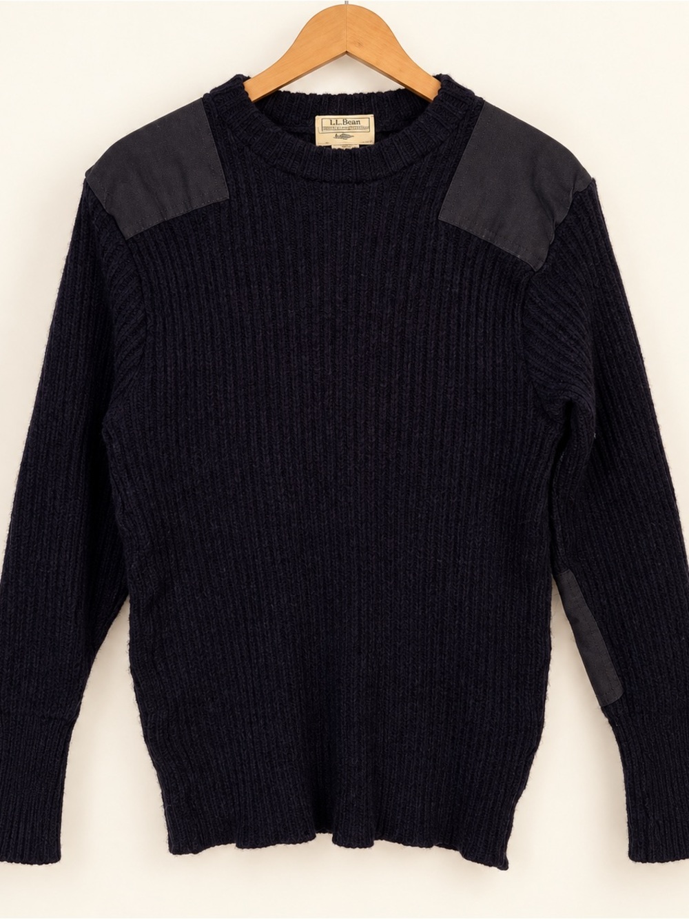 Vintage L.L. Bean Men’s Navy Wool Crewneck Sweater with Shoulder Patches